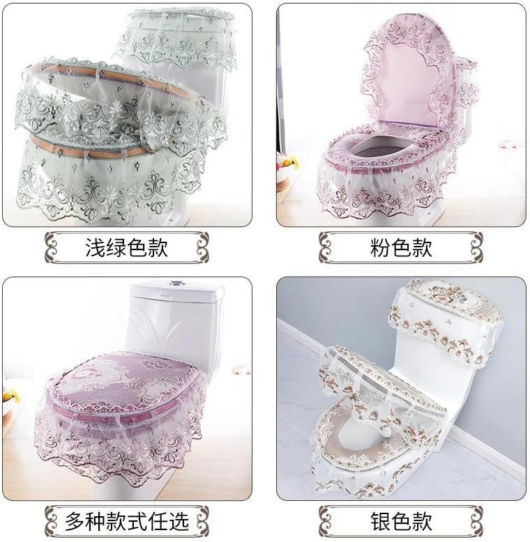 Toilet Lid Cover Set,3pcs/Set Silver Toilet Lid Cover Set Lace Flowers Toilet Lid & Tank Covers Toilet Seat Cover Toilet Seat Cushion Pads Washable(Silver)(Groen)
