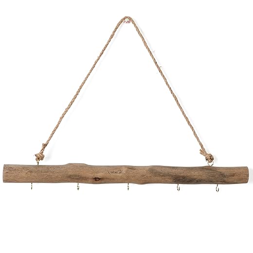 BYHER 15-Inch Driftwood Wall Hanging Jewelry Hanger - Rustic Wood Logs Hanging Branch Decor with 5 Hooks, Handcrafted from Natural Drift Wood Pieces for Crafts (Rustic)