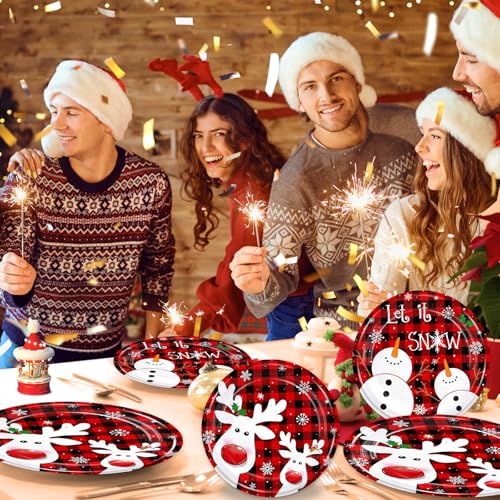 168PCS Christmas Reindeer Party Supplies Kit Xmas Cartoon Elk Party Decoration with Red and Black Plaid Snowflake Snowman Paper Plates Cups Napkins Dinnerware for Home Winter Xmas Holiday Serves 24 – Image 7