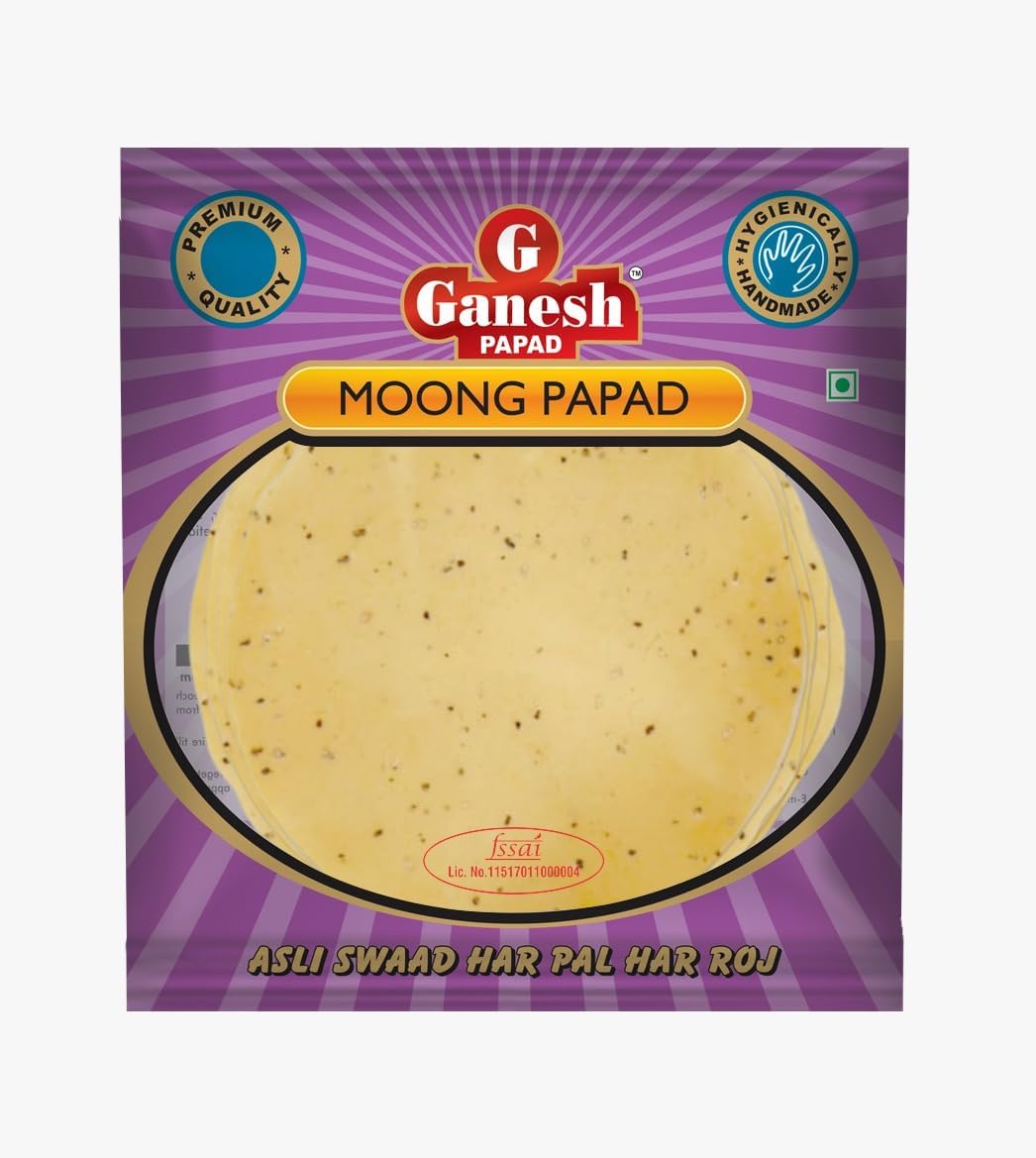 Ganesh Moong Dal Papad 250g | 7 Inch Handmade Pappad | Black Pepper, Asafoetida, No Artificial Colour, No Preservatives, Vegetarian Pack of 2
