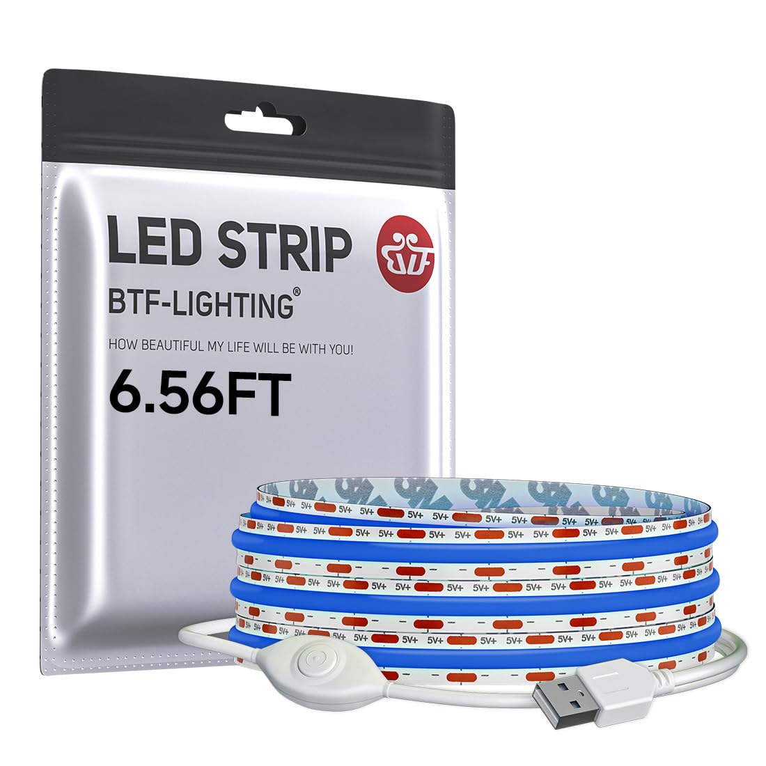 BTF-LIGHTING FCOB COB LED Strip Lights 5V USB Powered Blue Color for TV