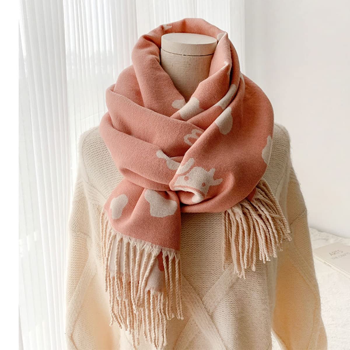 Bufanda ligera y elegante de imitación de cachemir con estampado de vaca, ideal para otoño e invierno. Perfecta para mamá y mujer.