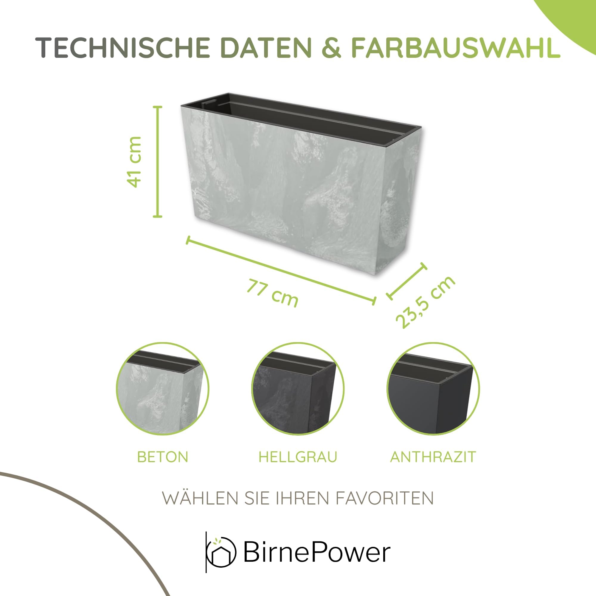 BirnePower Blumenkasten Blumenkübel Blumentopf Pflanzkasten Balkonkasten Matt Pflanzgefäß Middle 77cm x 41cm mit Pflanzeinsatz (Anthrazit Matt)