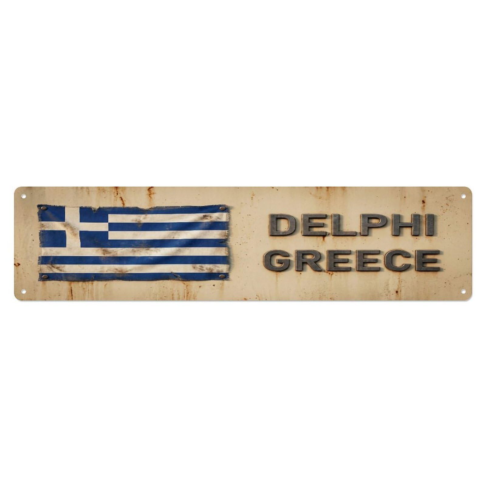 Metal Tin Sign Vintage Delphi Greece Flag Decor Rustic Travel