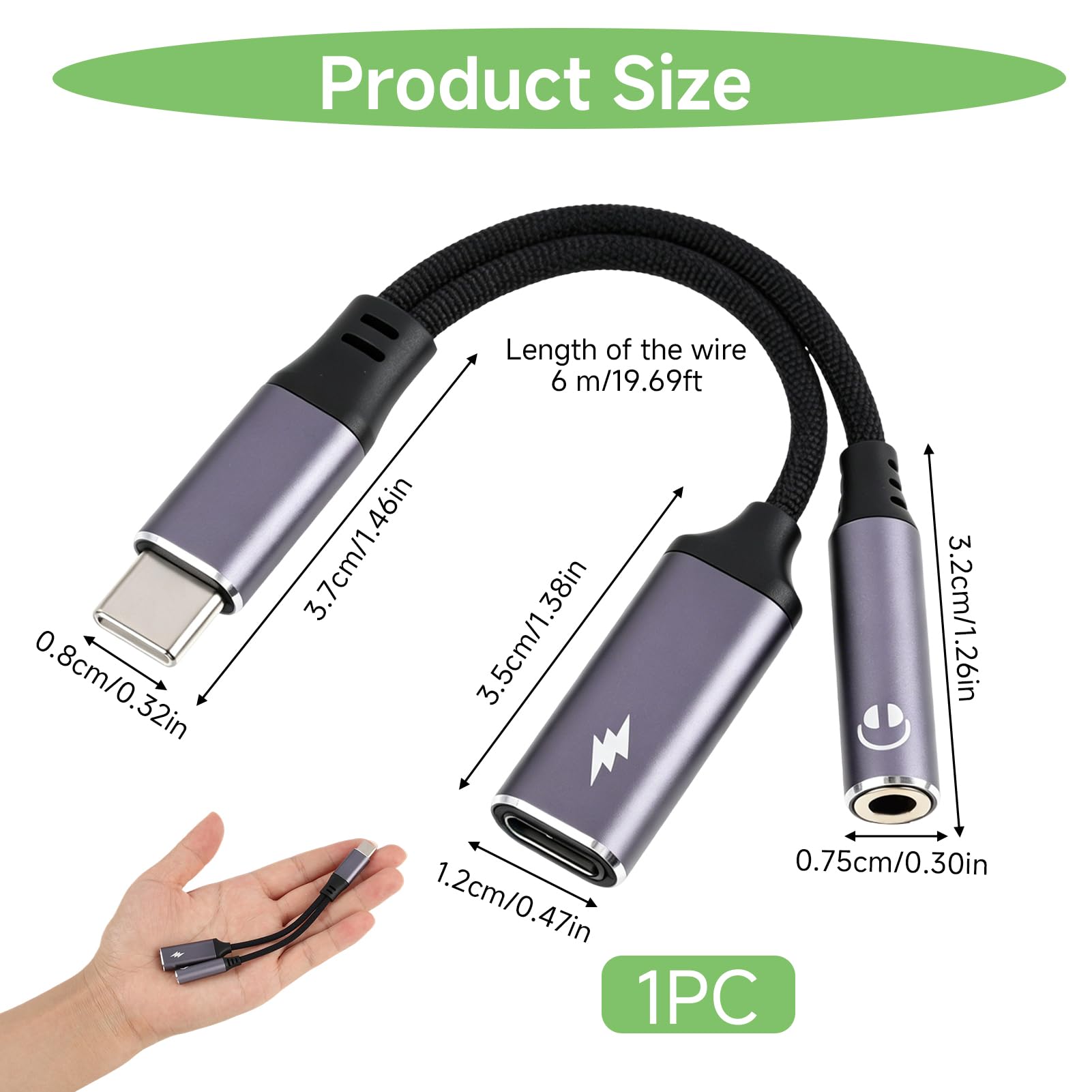 USB C auf 3,5mm Klinke Adapter, 2 in 1 USB C Adapter mit Laden 60W PD Schnellladung Audio Splitter Kopfhörer mit DAC Chip kompatibel mit Samsung Huawei Xiaomi Pixel iPhone 15 für Musik Anrufe