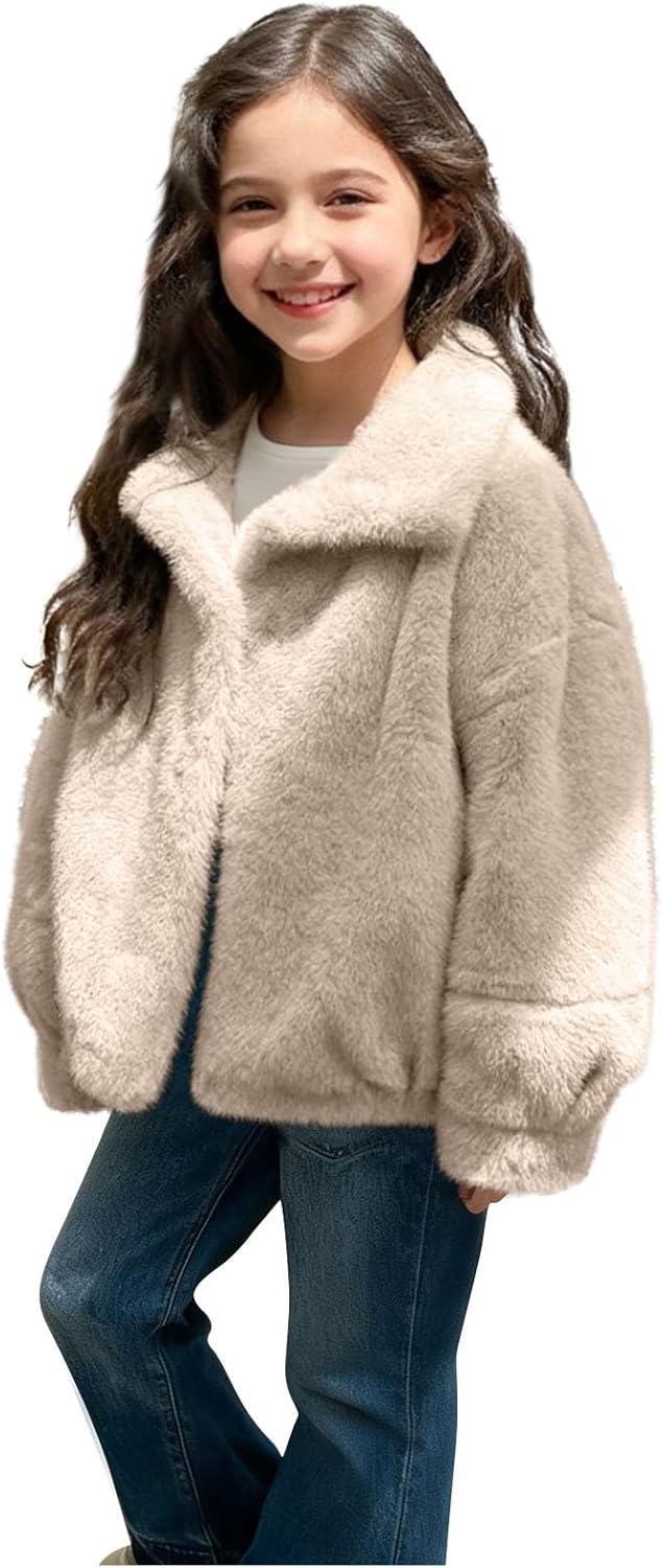 Girls Faux Fur Winter Coat Open Front Furry Jacket Fuzzy Fleece Plush Warm Outerwear for Kids 5-14 Years