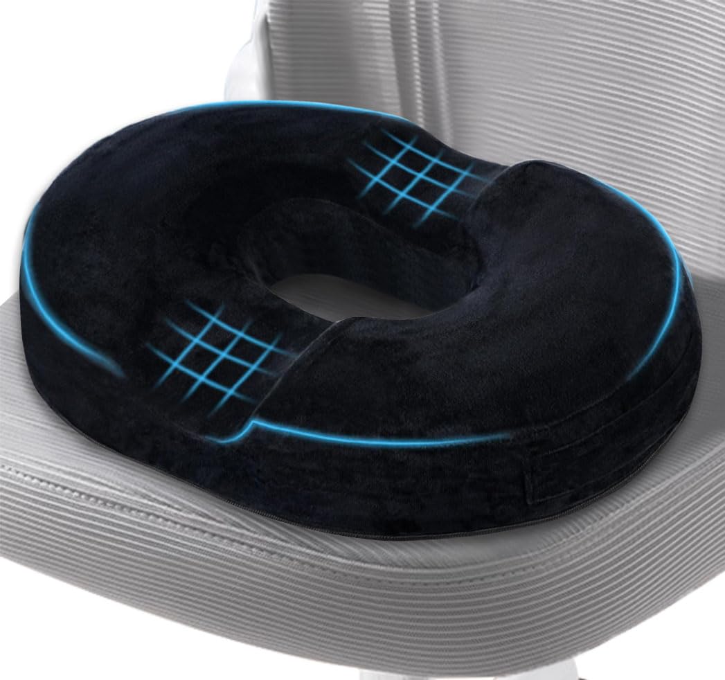 Cuscino per sedia a forma di ciambella in memory foam, cuscino ergonomico per ufficio, auto e casa, cuscino per seduta a lunga durata, antiscivolo, rivestimento lavabile (nero)