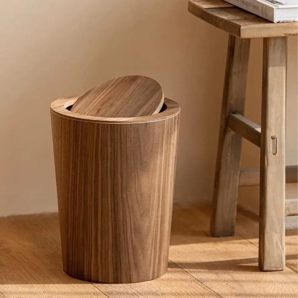 Cestino per Rifiuti in Legno Massello da 10 Litri con Coperchio Basculante - Cestino per Rifiuti Rotondo Ecologico per Ufficio e Casa