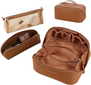 3 Pack Travel Makeup Bag Large Cosmetic Bags for Women (Brown) | Waterproof Make Up Bag Woman Gift Portable Travel Makeup Bag Organizer Cosmetic Pouch Compartments Open Flat Toiletry Bag