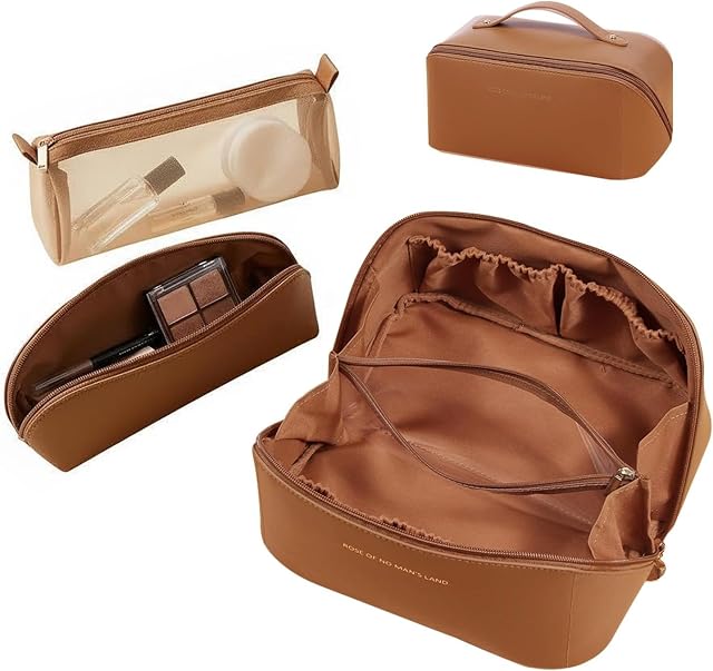 3 Pack Sac de maquillage de voyage Grands sacs cosmétiques pour les femmes (Brown) ► Etanche Maquillage Sac femme Cadeau Portable Sac de maquillage Organisateur Cosmétic Pochette Compartiments Open Flat Toilette Sac
