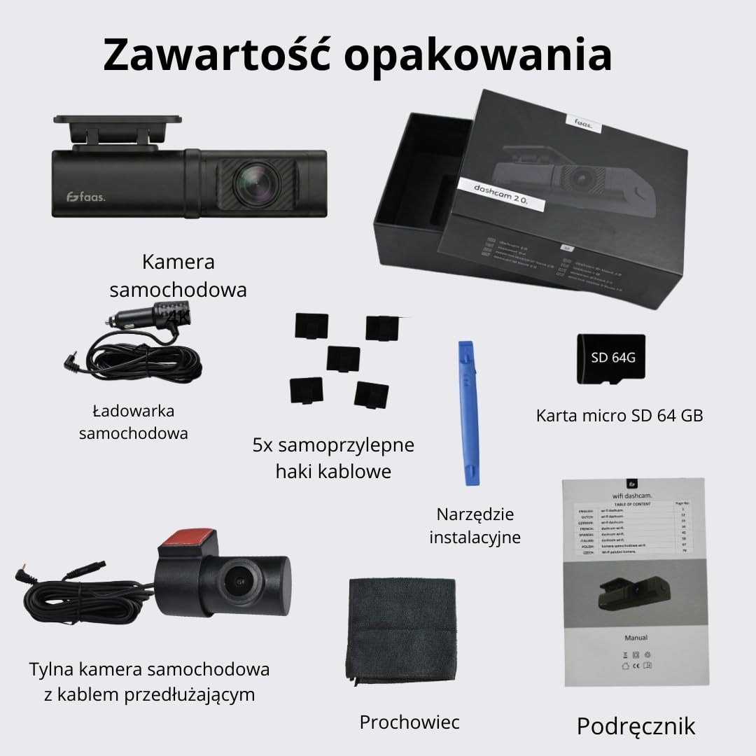 Faas Kamera samochodowa z przodu i z tyłu – podwójna kamera na deskę rozdzielczą 4K – 64 GB Micro-SD – czujnik G, tryb poklatkowy i noktowizor – tryb parkowania i nagrywanie w pętli – czarna