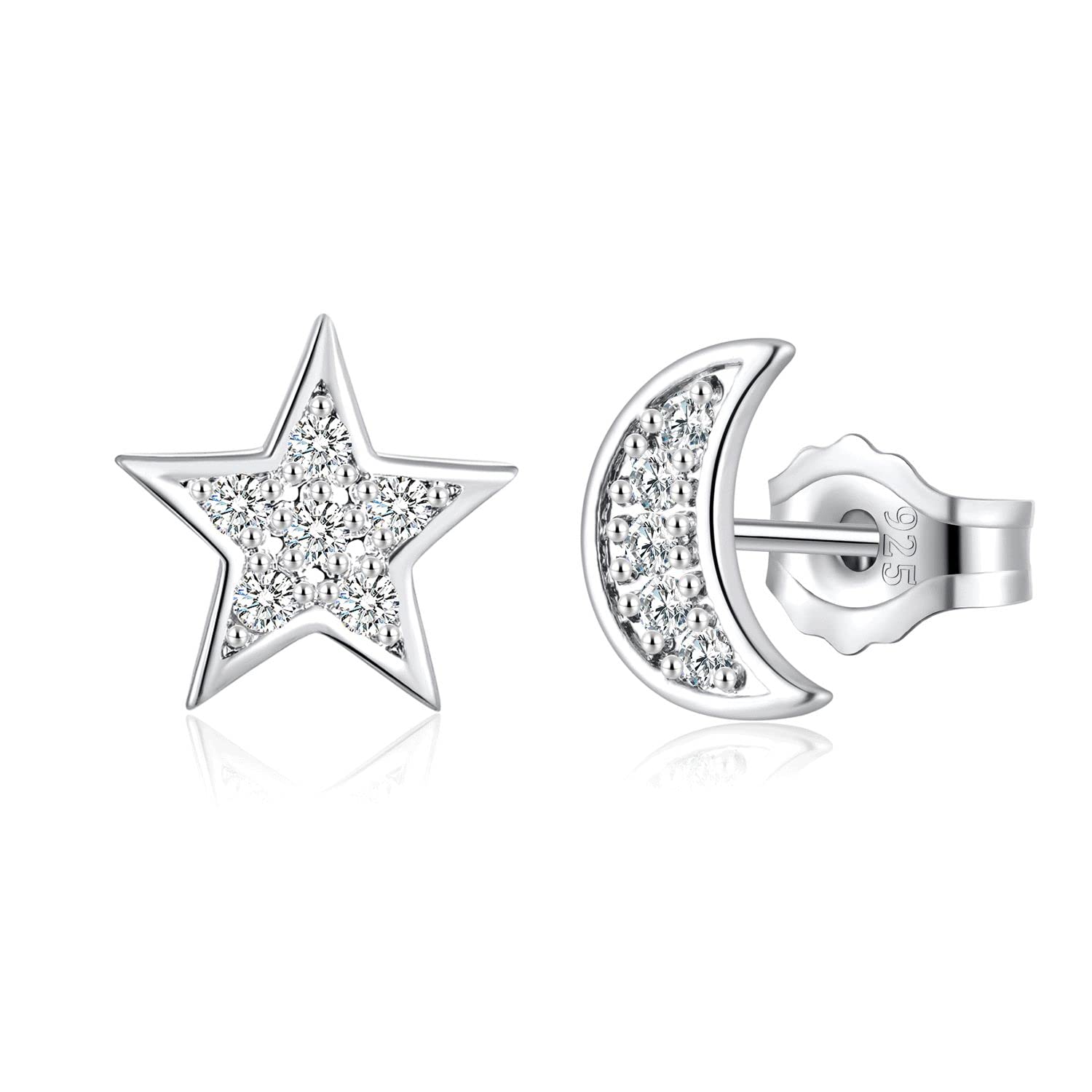 DeyanseSilver Stud Earrings for Women, 925 Sterling Silver Stud Earrings, 5/6 / 7mm Pearl, Snowflake, Star, Moon, Heart, Wreath Small Sleeper & Cartilage White Gold/Gold Plated Studs Earrings