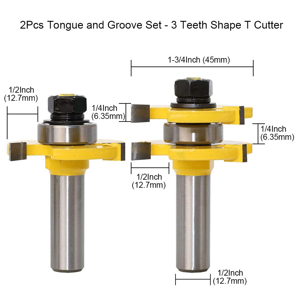 ASNOMY 45 Degree Lock Miter Joint Router Bits + 2 Pieces Tongue and Groove Set,1/2 Inch Shank Router Bit Set 3 Teeth Adjustable T Shape Wood Milling Cutting Tools
