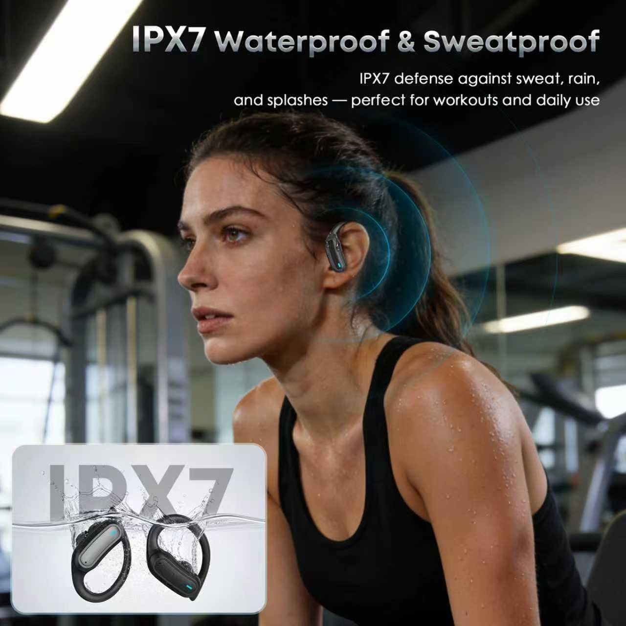 TRAUSI Auriculares inalámbricos Bluetooth, Bluetooth 5.3 estéreo, auriculares de diadema con cancelación de ruido, IPX7 resistentes al agua para entrenamiento/correr, color negro brillante