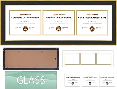 Miniatura 7 de Space Art Deco, Marco de tres certificados de 12 x 37 pulgadas con paspartú doble blanco sobre dorado para (3) diplomasgrados de 8.5 x 11 pulgadas,