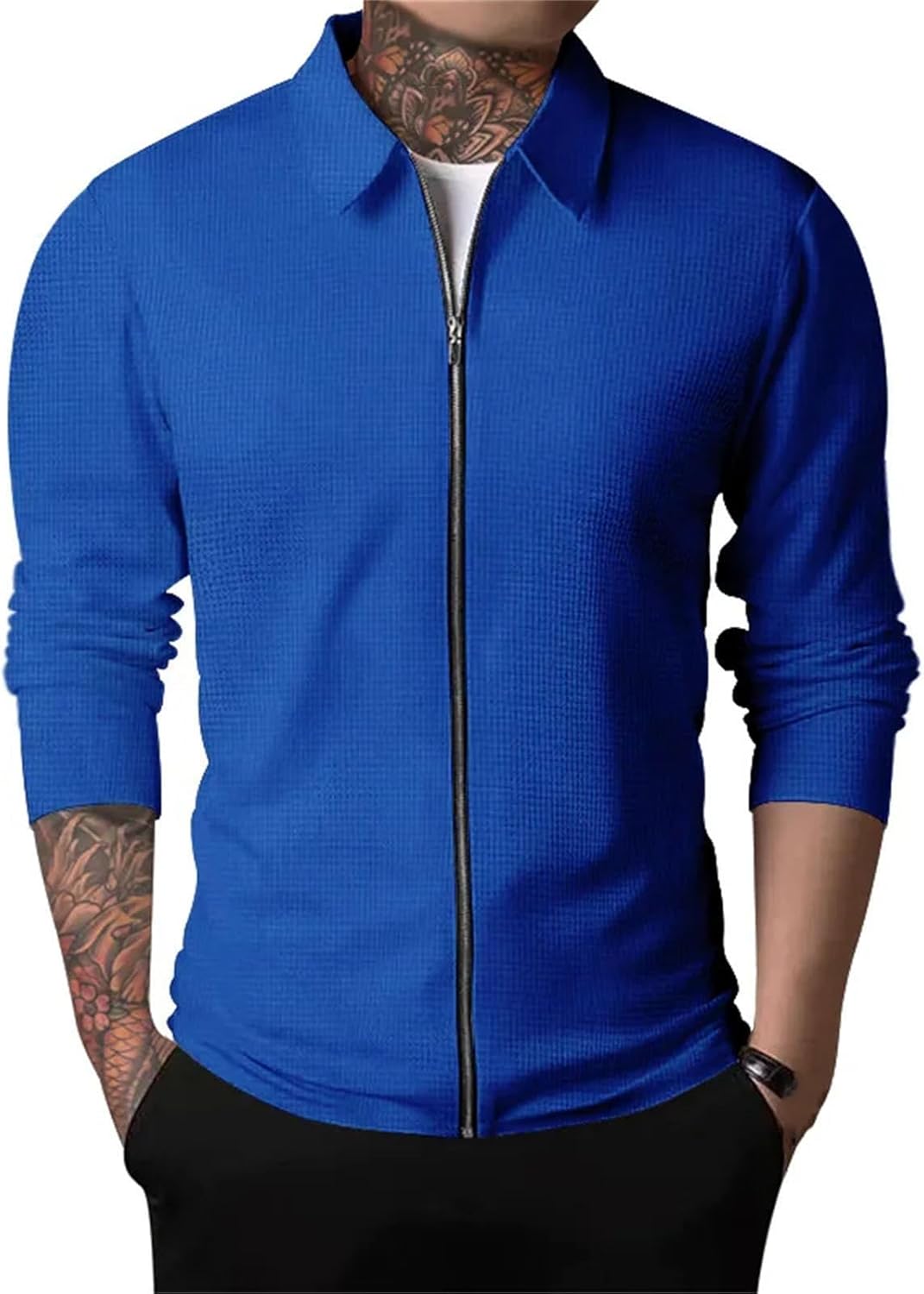 Men's Waffle Outdoor Collared Jackets Casual Sports Zipper Cardigan Long Sleeve Pockets Coats