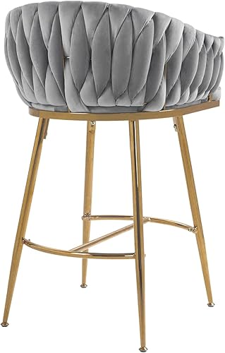 Miniatura 8 de Juego de 2 taburetes de bar de altura de mostrador de 26 pulgadas, taburete de bar de terciopelo para isla de cocina con respaldo ondulado, base