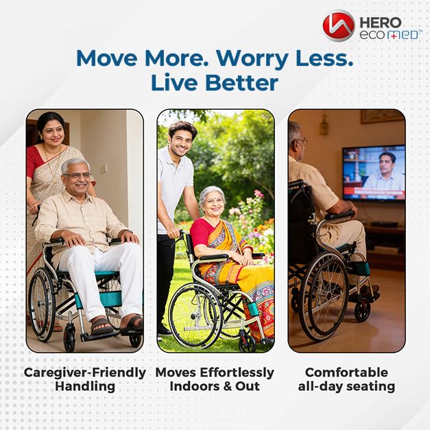 Image of Hero Ecomed Winn 203 L | Lightweight Manual Aluminium Wheelchair | Foldable Frame | Flippable Backrest | Propelling Ring | Easy Portable Wheelchair For Patients & Elderly | 100 kg Capacity