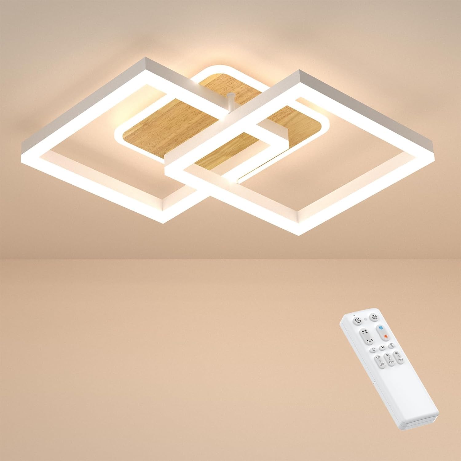 Anten plafoniera led soffitto moderna plafoniera salotto Dimmerabile, 40W 3600LM Lampada da Soffitto, Funzione di Memoria, per Soggiorno, Camera da Letto, Sala da Pranzo, Legno-Bianco 65x42x12cm