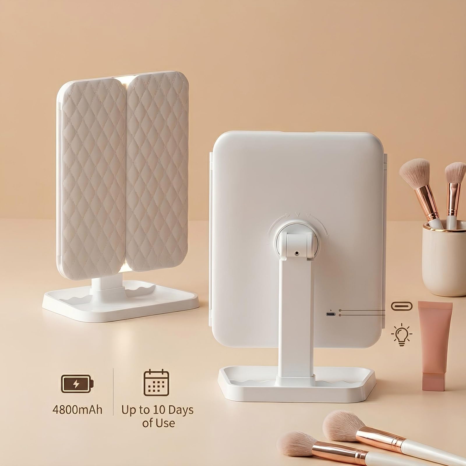Espejo de Maquillaje LED Plegable, Espejo Cosmético Recargable con Aumento 1X/2X/3X, 3 Modos de Iluminación, Brillo Regulable, Control Táctil(Blush)