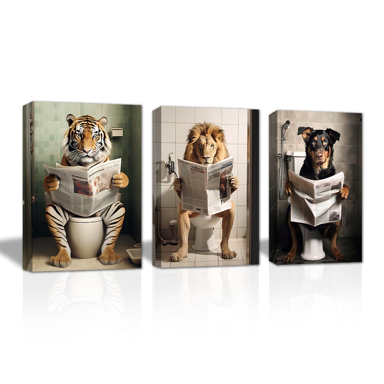LZIMU Bathroom Wall Art 3 Piece Tiger Lion Dog Sitting on Toilet Reading Newspaper Canvas Prints Funny Animals Bathroom Pictures Wall Decor Framed (Bathroom-3, 11"x14"x3PCS (28.00 x 35.00cms x 3PCS))