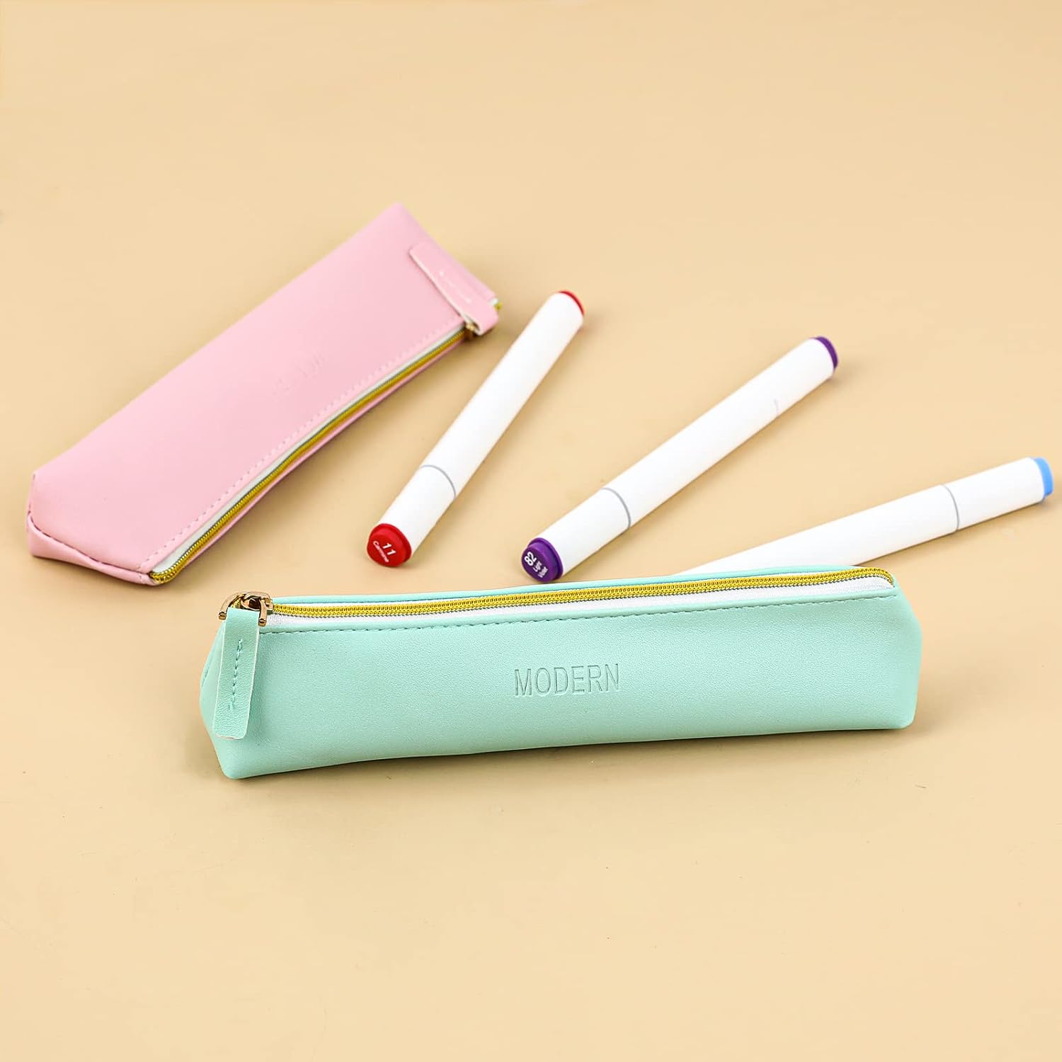 Vin Beauty 2 Pcs Leather Pencil Pouch, Slim Design Small Pencil Pouch Pencil Bag Zipper Pencil Case Bag Stationery Pouch Bag for Pens, Pencils, Markers : Arts, Crafts & Sewing