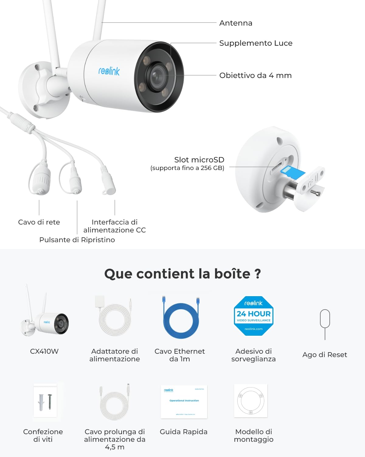 Reolink ColorX Telecamera Wi-Fi Esterno/Interno, Visione Notturna True Color, Apertura F1.0, Sensore 1/1,8", 2K Videocamera Sorveglianza WiFi, Rilevamento Intelligente, Audio a 2 Vie, CX410W