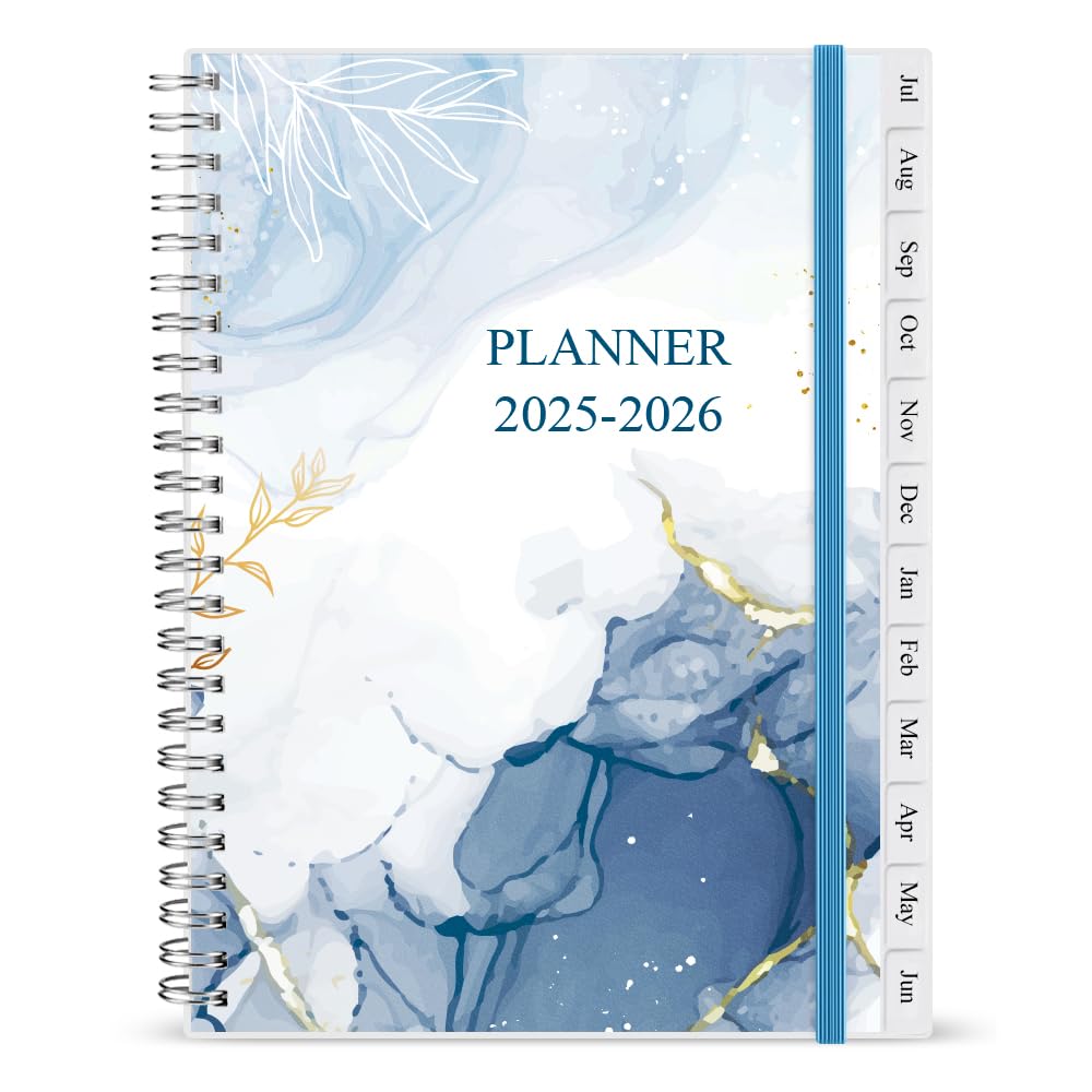 2026 Diary, January 2026 - December 2026, A5 Weekly Planner with 12 Monthly Tabs, Back Pocket, Planner 2026 with Elastic Closure, Flexible Cover, 14.8×21cm, Blue Watercolor