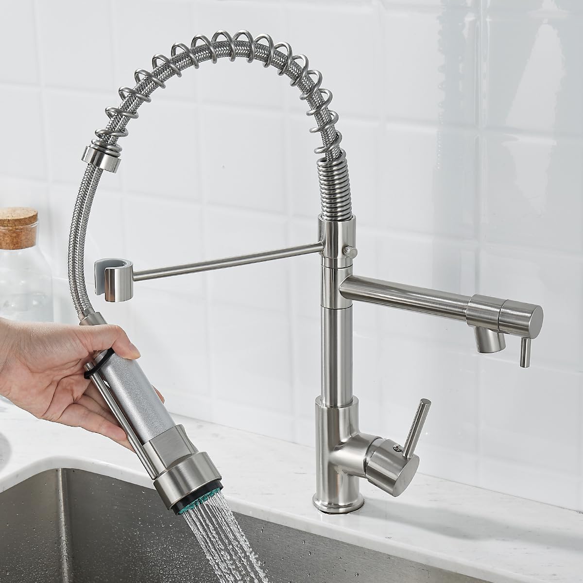 Grifo de cocina, grifo con ducha extraíble giratorio de 360 grados, fregadero de arco alto, pulverizador escalable, 2 modos, plateado cepillado