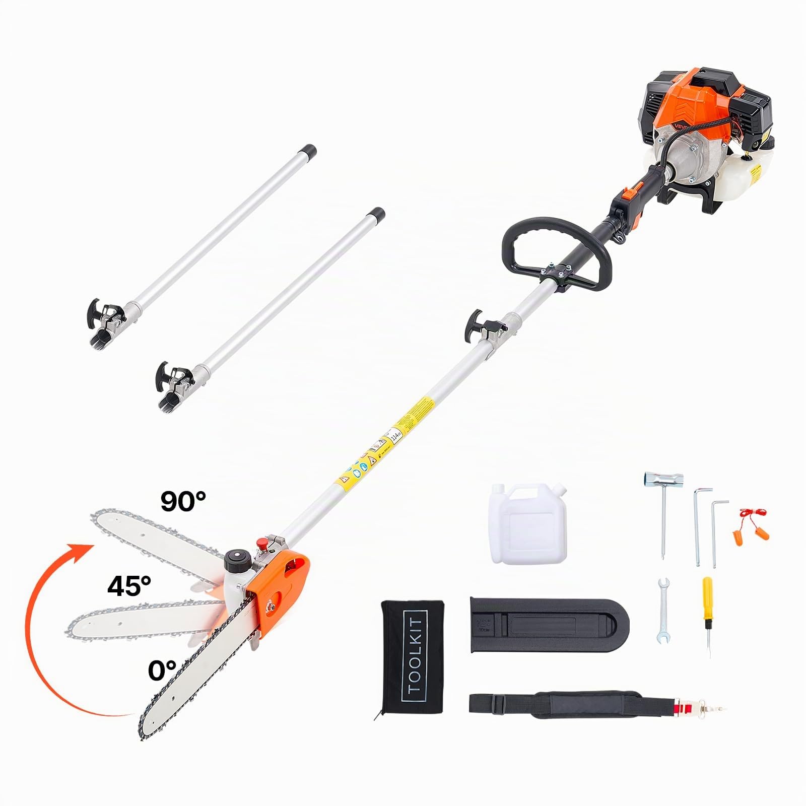 VEVOR Motosierra de Pértiga a Gasolina, Motosierra Inalámbrica de 43 CC y 2 Tiempos con Barra de Corte de 25,4 cm, Cabezal Giratorio, y Extensible de 2,16 a 3,66 m para Podar Árboles, Naranja