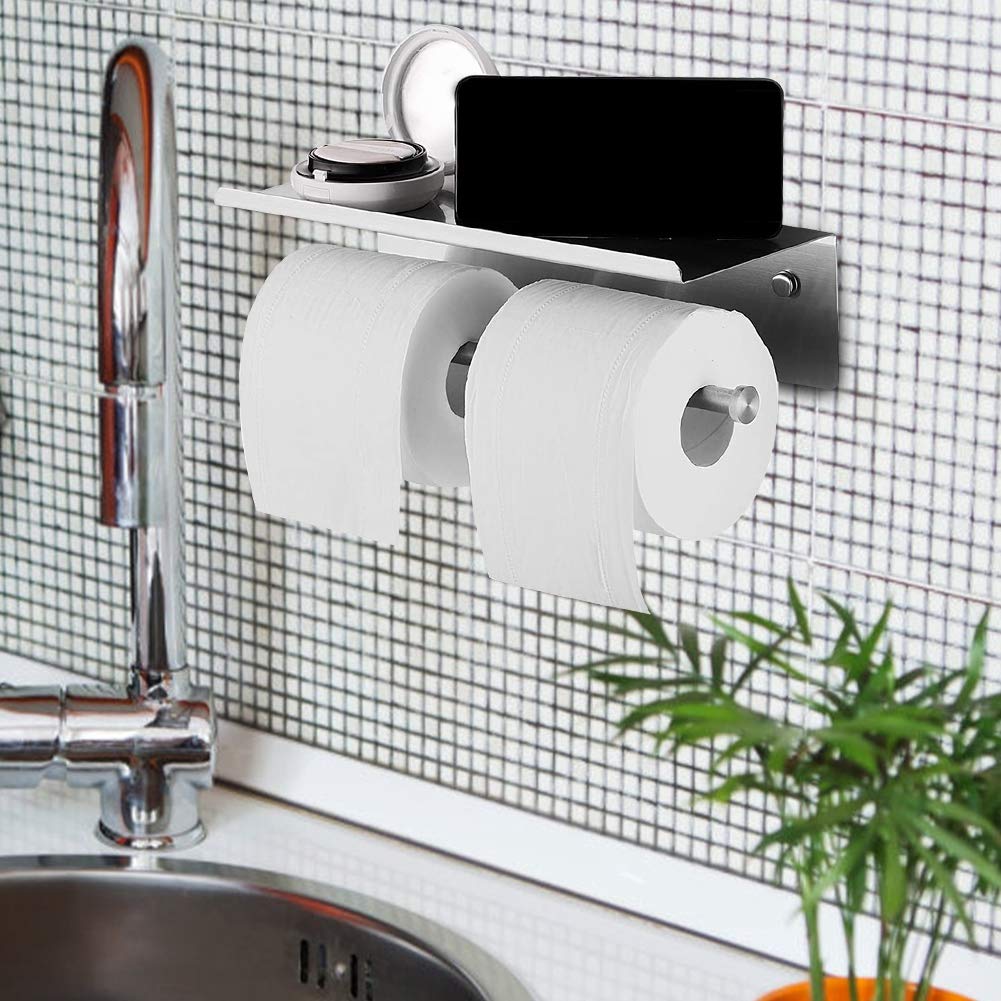 Tissting Portarotolo Doppio con ripiano portacellulare Portarotolo in Acciaio Inox Moderno Portarotolo da Parete Organizzatore da Bagno per Bagno di casa, Bagno dell'hotel (10,2 x 4,3 x 4,5 Pollici)