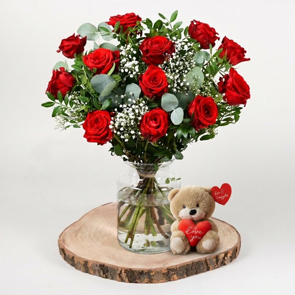 Fleur De Luxe Flower Of Love Red Rose Fresh Flower Bouquet With Love Bear Gift For Valentines Day Romantic Anniversary Birthday For Her Or Him