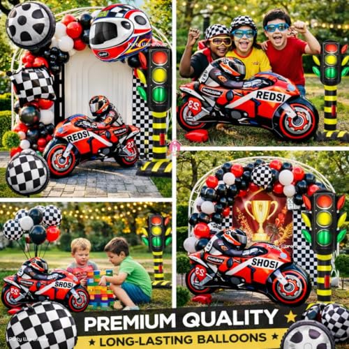 Image of Party Warehouse Racing Bike Theme Birthday Decoration Combo Set with standee Traffic Signal Prop|Motorbike Foil Balloon with Helmet, Tyre & Checkered Flag Balloon|Bikers & kids /adults party decor-36pc