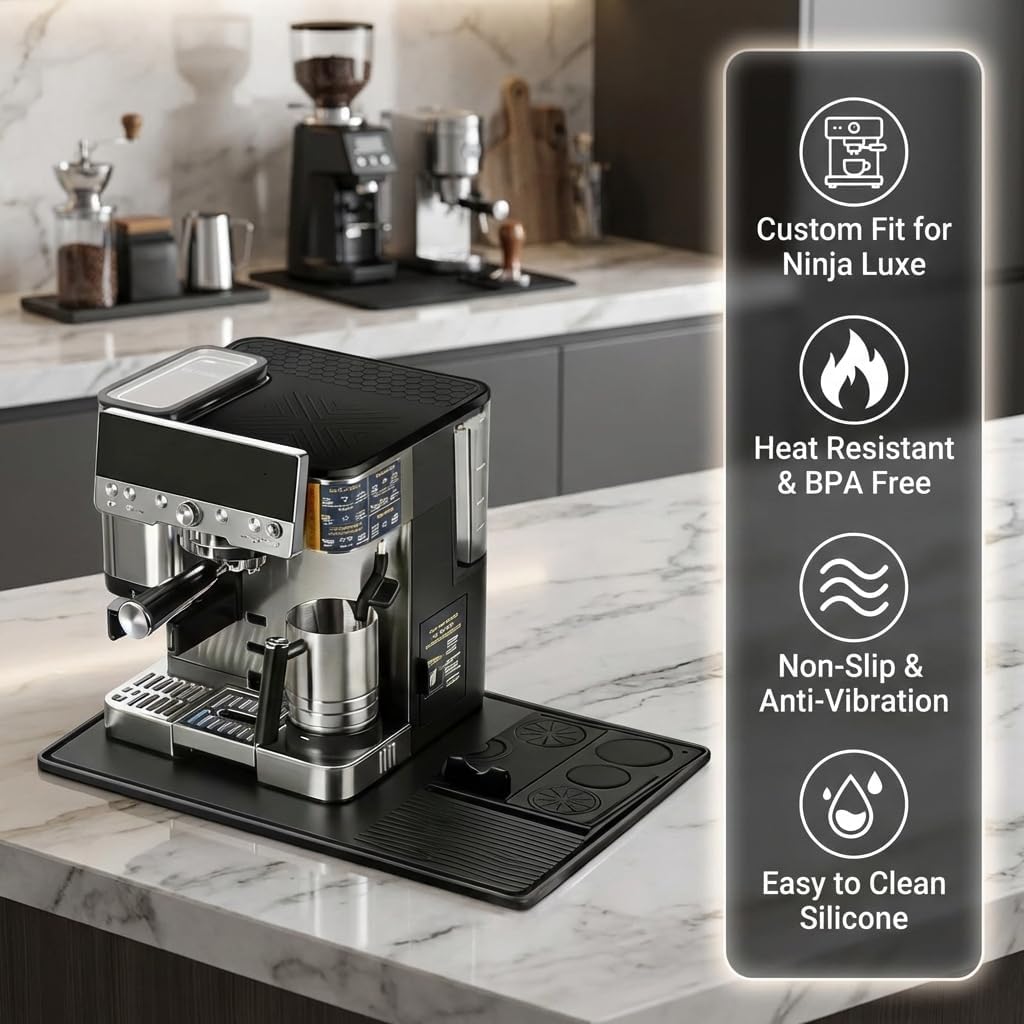3-in-1 Silicone Coffee Mat for Espresso Machine - Dish Drying Mat for Kitchen Countertop with Tamping Mat & Anti-Slip Base, Heat Resistant Coffee Bar Accessories for Ninja Luxe ES601/701