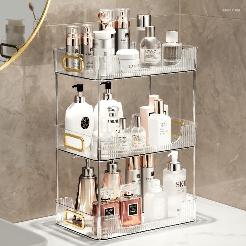 HYTTERBathroom Counter Tray, 3 Tier Perfume Tray Vanity - Modern, Durable, and Clear Vanity Organizer (White Clear)