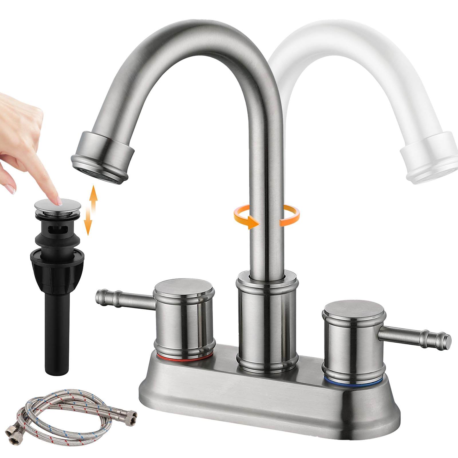 BARROCK 4 Inch 2 Handle Centerset Bathroom Faucet, Lead-Free Stainless Steel Modern 360°Swivel Bathroom Vanity Sink Faucet, 2-3 Hole Brushed Nickel Mixer Tap with Pop Up Drain and Water Supply Lines