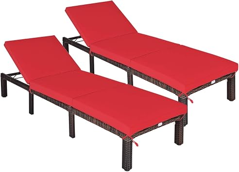 RELAX4LIFE Outdoor Chaise Lounge Chair - Patio Rattan Ledge Lounger w/ 6 Backrest Positions & Removable Cushion, Adjustable Recliner for Backyard, Garden, Poolside, Sunbathing Chair 2, Red