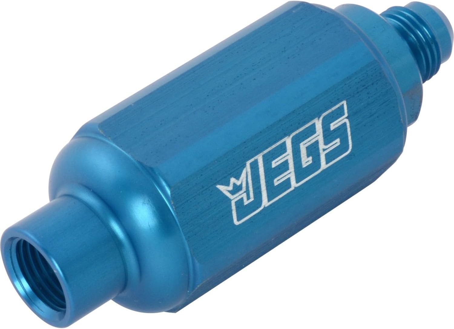 JEGS Compact Billet In-Line Fuel Filter | -6 AN Male/Female Fittings | Blue | Length 2 5/16in. | Compatible With Gas Or Alcohol | 40 Micron | Flows Up To 130 GPH @ 75 PSI | Made In USA