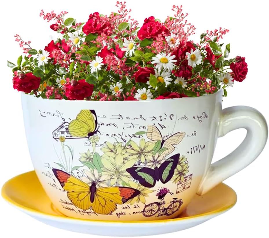 7.5” Round Ceramic Teacup Shape Planter Pot with Saucer for Succulents Orchid Herbs Cactus Indoor Houseplants Flowers for Home Garden and Event Decor – Yellow Butterfly Garden