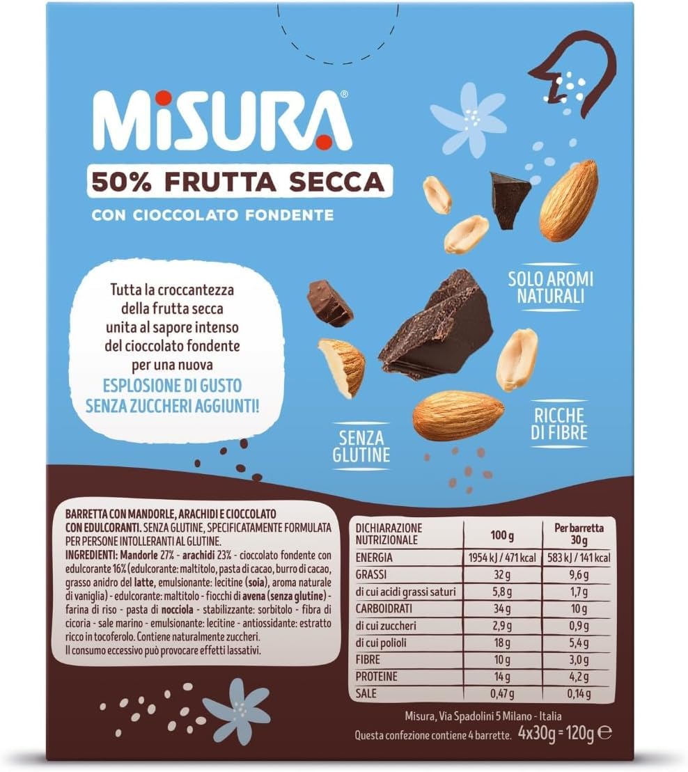 Misura Barrette con Frutta Secca Mandorle, Arachidi e Cioccolato Fondente Senza Zuccheri Aggiunti 120g - Novità 2024 [4 Confezioni]