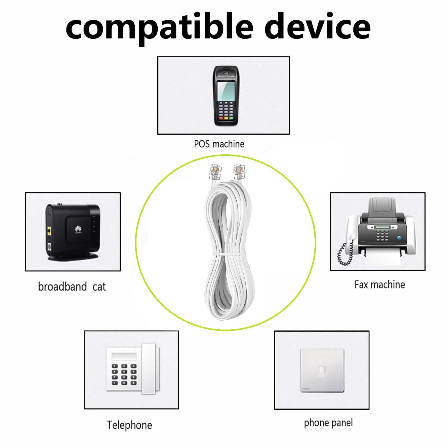 Long Telephone Extension Cord 100 FT, White, Phone Cable Wire with Standard RJ11 Plug, 1 Phone Line Splitter, 1 in-line Coupler and 65 Cable Clips for Telephone Calling Communication