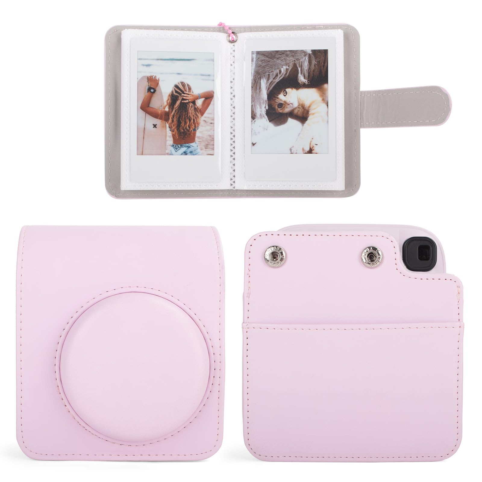 Custodia e album per fotocamera Instax Mini 13, elegante cover protettiva in pelle PU per fotocamera Fuji Instax Mini 13, borsa per il trasporto con album fotografico e tracolla - Rosa