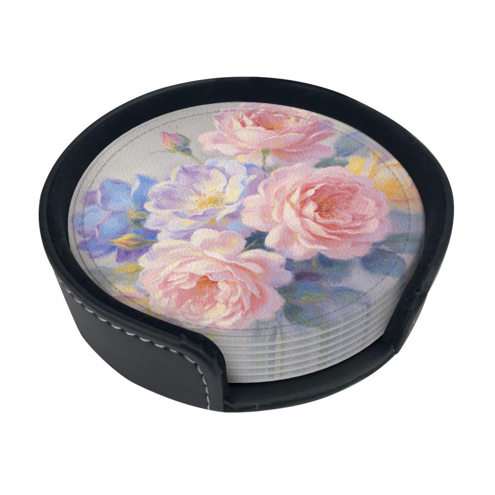 Pastel Color Art Leather Coasters-Set of 6 with Storage Holder