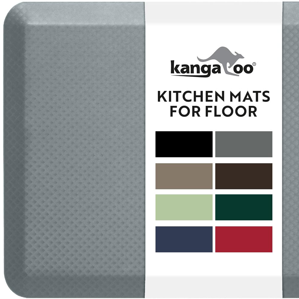 KANGAROO Thick Ergonomic Anti-Fatigue Mat for Kitchen Floor, Cushioned Standing Office Desk Mat, Waterproof Scratch Resistant Top Side, Comfortable Padded Foam Rug for All Day Support, 17x24, Gray