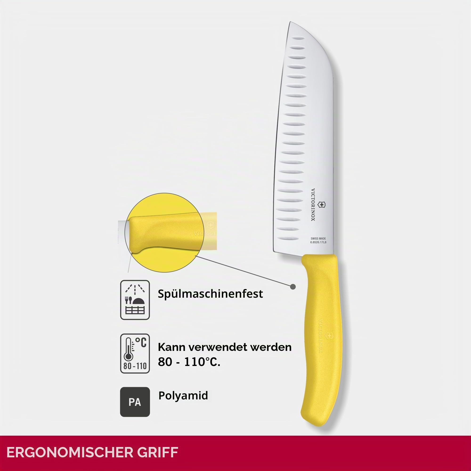 Victorinox Swiss Classic Santokumesser, Messer Asiatischer Art, Extra Scharfe Klinge, Kullenschliff, 17 cm, Rostfreier Stahl, Blister, Gelb – Ansicht 3