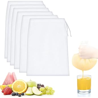 Pack of 6 Nut Milk Bags 20 x 30 cm Finely Woven Straining Cloth Nylon Filter Bag Nut Milk Bag Organic Reusable with Drawstring Washable for Nut Milk Coffee Yogurt Cheese Fruit Juice