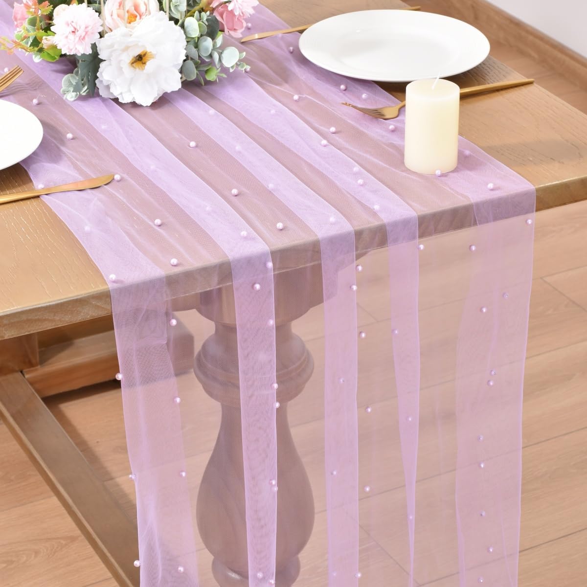 Pink Pearl Table Runner 120 Inches Boho Rustic Tulle Lace Table Runner Seasonal for Home Dining Wedding DIY Craft Wedding Birthday Baby Shower 4pcs
