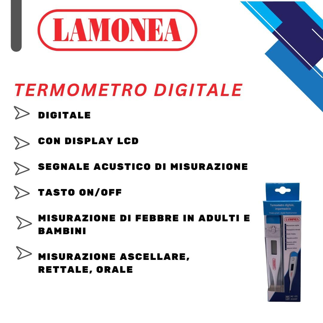 Termometro Digitale, Certificato CE - Impermeabile e Preciso, Misura la Febbre in 60 Secondi, Display LCS e tasto On/Off - Segnale Acustico, Ideale per Adulti e Bambini - MC-101