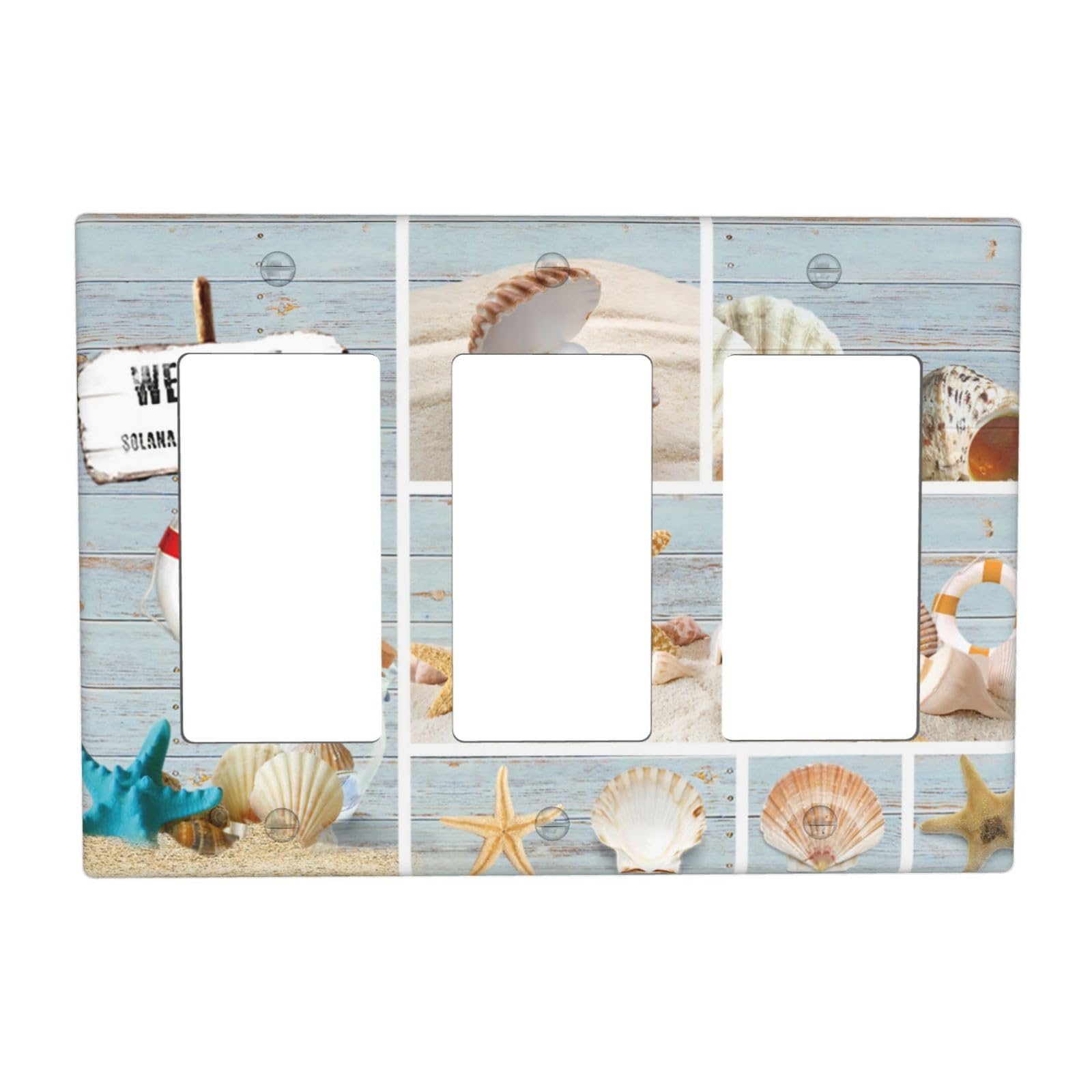 Xuejiaku Decorative Outlet Covers Beachy Starfish Seashell Blue Wood Board 3 Gang Wall Plate Triple Rocker Decora Light Switch Cover Plate Jumbo Electrical Faceplate GFCI for Barhroom Decor