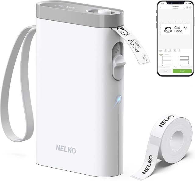 Nelko Machine de fabrication d'étiquettes avec ruban, P21 Imprimante d'étiquette Bluetooth portable, Sticker sans fil intégré Mini Marqueurs d'étiquettes avec des modèles multiples pour l'organisation scolaire Bureau maison, blanc